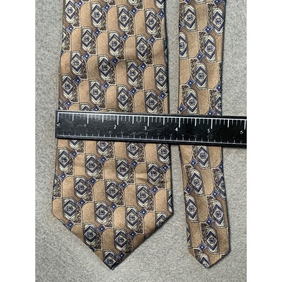 Stafford Mens Silk Tie Brown Blue Geometric Print Made in USA - Picture 2 of 5
